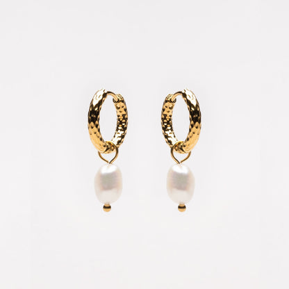 Hammered Pearl Hoop Earrings